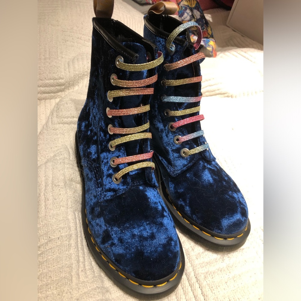 Dr. Martens Blue Velvet Lace-Up Boots with Multicolor Glitter Laces